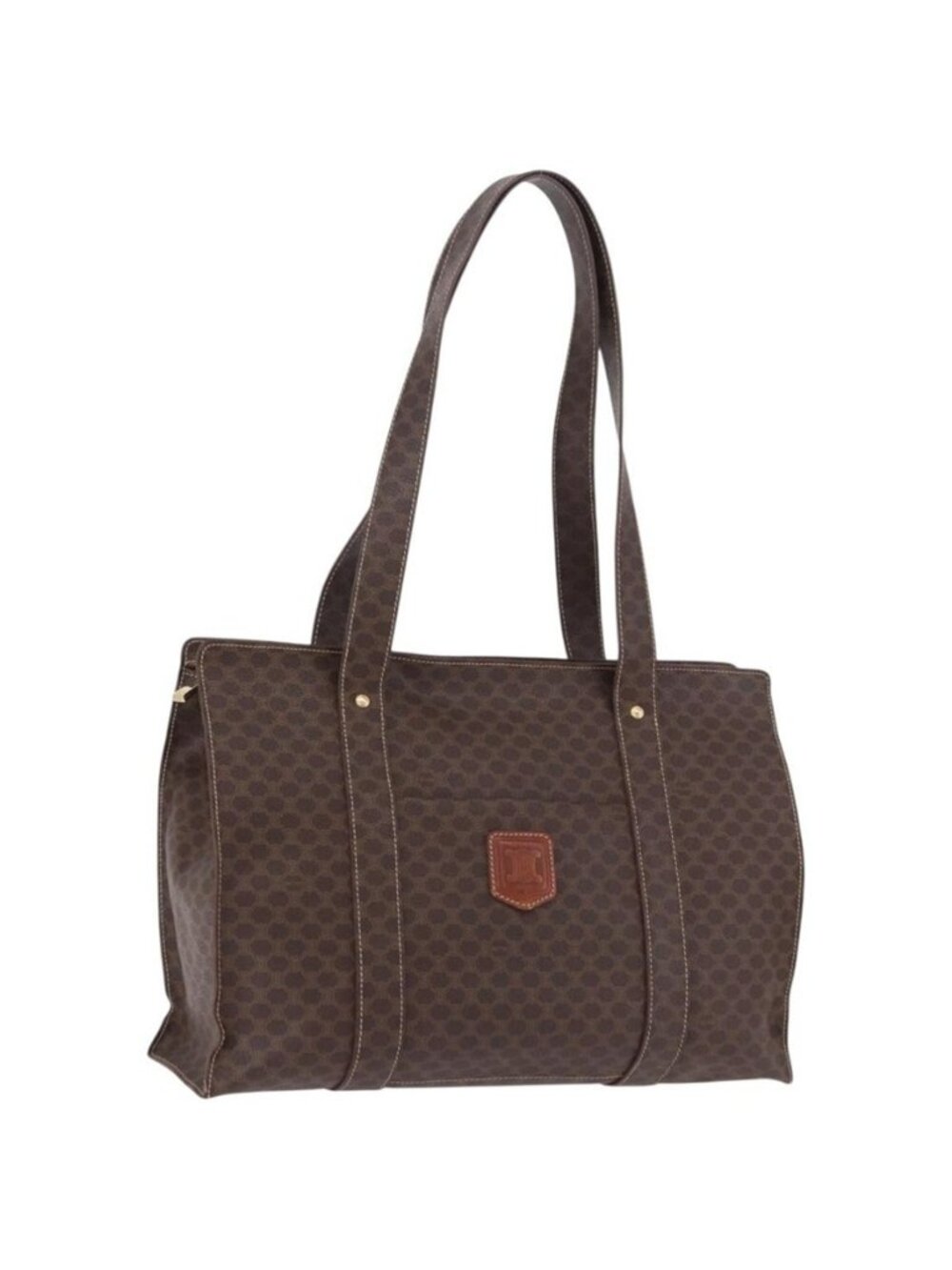 Authentic CELINE Macadam Shoulder Bag PVC Leather Brown Gold Tone